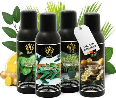Produktbild von HAF Saunaaufguss Set „Frische Briese“ - 4 x 250ml Sauna Aufgussmittel Eukalyptus, Ingwer-Citro, Lemongras, Minze