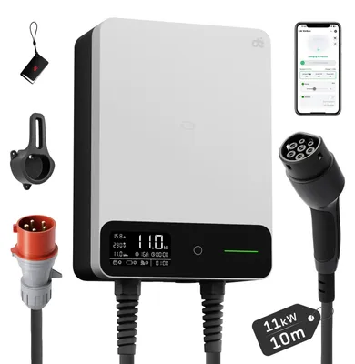 Produktbild von Wallbox für Elektroautos - Typ 2 - 11 kW - 16 A - 3-phasig - WLAN-App-Steuerung - 10 m Ladekabel - Weiß