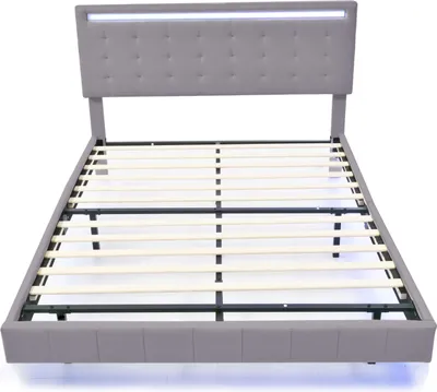 Obrázek produktu pro Čalouněná manželská postel 140 x 200 cm, plovoucí rám postele, čalouněná, s LED osvětlením, lněná, šedá