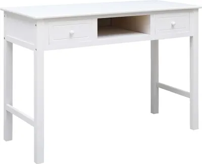 A white wooden desk with two drawers and an open shelf.
