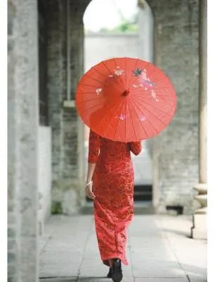 Produktbild von Sonnenschirm 001 Dekoschirm aus Kunstfaser wasserfest rot Bambus