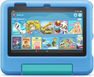 A blue Amazon Fire 7 Kids tablet is displayed front-on, showing its screen with various app icons and a protective blue case with a teal handle.