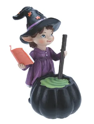 Diese niedliche Figur zeigt ein junges Hexenmädchen, das mit einem freundlichen Lächeln beschäftigt 