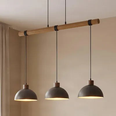 Produktbild von Lindby Hängeleuchte Holgar, grau, 3-flg., Holz, Metall, E27