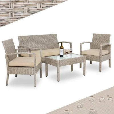 Produktbild von CASARIA® Gartenmöbel Set Wetterfest 4 Personen Outdoor inkl. Auflagen Polyrattan 2x Sessel Gartenbank Tisch Garten Terrasse Balkon Möbel Lounge Grau, Farbe:Creme