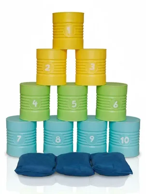 Immagine prodotto di Gioco di lancio di lattine per bambini e adulti - 10 lattine di plastica colorate con 3 sacchetti di lancio - gioco di lancio per interni ed esterni - età 3+