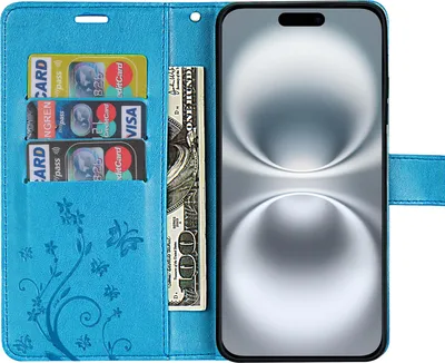 A blue flip case for a smartphone, open to reveal card slots and a bill compartment, with a smartphone screen displayed.