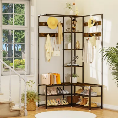 Produktbild von WISFOR Garderobenständer mit Sitzbank, Ecke Kleiderständer mit 10 Haken/Ablagen/Schuhregal, offener Kleiderschrank Flurregal, 146x30x178.5cm