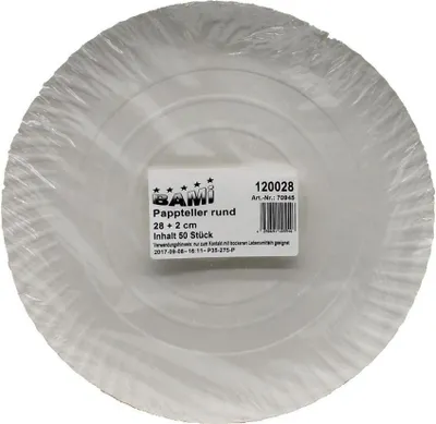 Produktbild von BAMI Pappteller | Einwegteller | rund, weiß, 28+2cm | 50 Stück