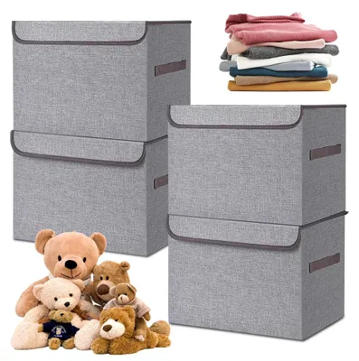 Produktbild von Set bestehend aus 4 stabilen Aufbewahrungsboxen mit Deckel, waschbare Stoffboxen, 38x24x24cm (grau)