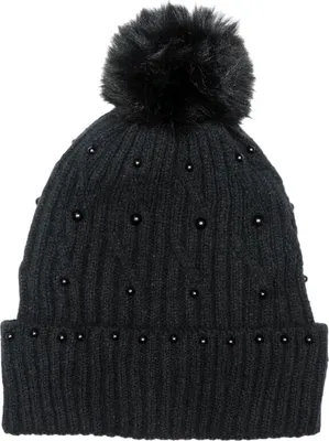 Produktbild von Schwarze gestrickte Wintermütze mit Bommel und Perlen, Universalgröße, 100%.Polyacryl