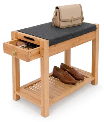 Produktbild von Bambus Sitzbank mit Schubkasten, 1 Ablagefläche & Sitzkissene Schuhbank, Flurbank & Garderobenbank Natur 55,5 cm
