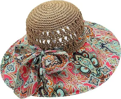 Produktbild von Faltbarer Strohhut mit Blumenschleife | Breite Krempe UV-Schutz Strandhut für Damen | Böhmischer Stil Floppy Sommer Reisehut, E