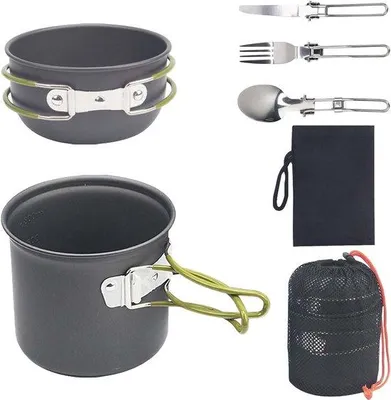 Obrázek produktu pro Hliníková sada nádobí pro 1–2 osoby, přenosná, skládací, sada hrnců pro outdoorové aktivity, cestování a turistiku