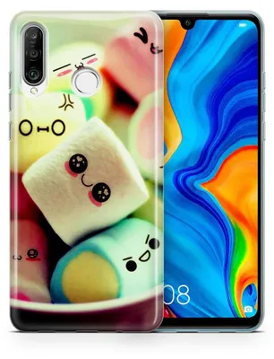 A phone case with a marshmallow design is shown next to a smartphone.