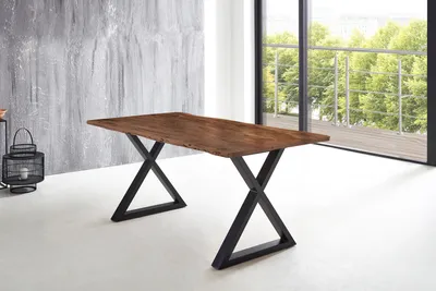 Produktbild von Esstisch Baumkante massiv Akazie nussbaum 160 x 85 X-Gestell schwarz LUBIN