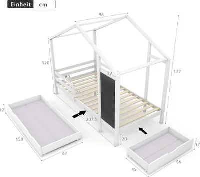 A diagram of a white wooden house bed with dimensions and two pull-out drawers shown separately.