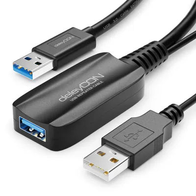 Produktbild von deleyCON 10m Aktive USB Verlängerung mit Signalverstärker USB 3.2 Gen1 (USB3.0 mit 5 GBit/s) USB-A auf USB-A PC Computer Laptop Drucker Scanner