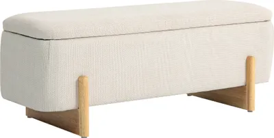 Produktbild von HOMCOM Ławka z miejscem do przechowywania, tapicerowana ławka o wyglądzie lnu, drewniane nogi, ławka z bezpiecznymi zawiasami do salonu, sypialni, przedpokoju, 111 x 44 x 44,5 cm, kremowa