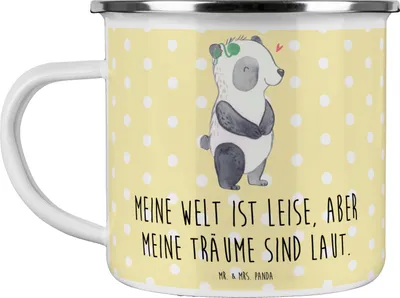 Produktbild von Mr. & Mrs. Panda Teetasse Panda Gehörlos - Gelb Pastell - Geschenk, Ertaubt, Kaffeepott, Cochlea Implantat, Outdoor Tasse, Emaille, Teebecher, becher