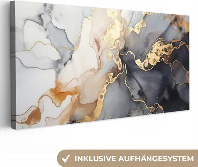 Produktbild von MuchoWow® - Leinwandbilder - Marmor - Schwarz - Gold - Weiß, Wandbild, Wanddeko Bilder Wohnzimmer, 40x20 cm