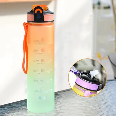 Produktbild von Trinkflasche 1000 ml Auslaufsichere Sportwasserflasche mit Zeitmarkierung, Mattierter Wasserbecher, Outdoor Fitness Wasserflaschen, Bunte Farbverlauf Trinkflasche (Farbverlauf Orange)