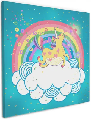 Produktbild von Wallario Premium Leinwandbild Lustiges Einhorn auf einer Wolke vor Regenbogen in Größe 50 x 50 cm