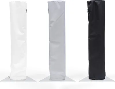 Three standing covers for patio heaters, shown in white, gray, and black.