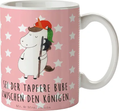 Produktbild von Mr. & Mrs. Panda Geschenktasse Einhorn Junge - Rot Pastell - Geschenk, Bube, cappuccinotasse, Kaffeebecher, Keramiktasse, Mittelalter, Einhörner, Pott, Unicorn, Tasse