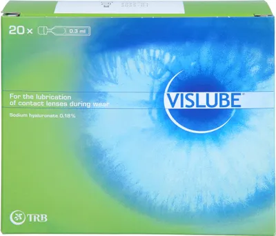 Produktbild von VISLUBE Augentropfen mit Hyaluronsäure zur optimalen Benetzung von harten und weichen Kontaktlinsen, 20 St. Einzeldosispipetten