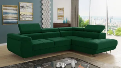 Produktbild von Ecksofa Caris mit Schlaffunktion und einstellbare Kopfstützen, Wohnlandschaft, Couchgarnitur, Bettkasten, Sofagarnitur, Couch, Sofa (Grün (Kronos 19), Ecksofa Rechts)