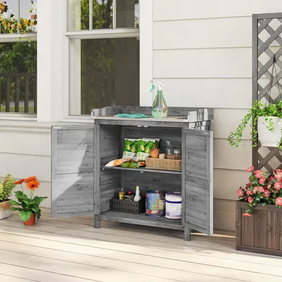 Produktbild von SUGIFT Gartenschrank mit Pflanztisch, Holz Geräteschrank, Tannenholz, 2 Regalböden, Grau | 83 x 40 x 92 cm | verzinkte Arbeitsplatte 80 x 38 cm