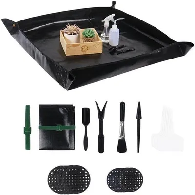 Productafbeelding van Ibenzoa® Waterdichte verplantingsmat 100x100 cm – 21-delige gereedschapset voor vetplanten, gemaakt van PE, opvouwbaar en vaatwasmachinebestendig, met schep, reinigingsborstel en etiketten