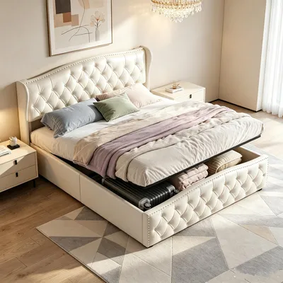 Obrázek produktu pro Postel INONEFT, čalouněná, 160x200 cm, boxspring, rám postele s úložným prostorem, hydraulická postel s úložným prostorem, postel pro mládež, dvoulůžko s roštem, barva: béžová