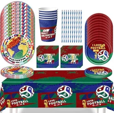 Produktbild von 61 Stück WM 2026 Partygeschirr Set,WM 2026 Fussball Party Geburtstag Deko mit Teller Becher Servietten,Partygeschirr Geburtstag,für Fußball WM 2026 Fanparty,für 10 Gäste