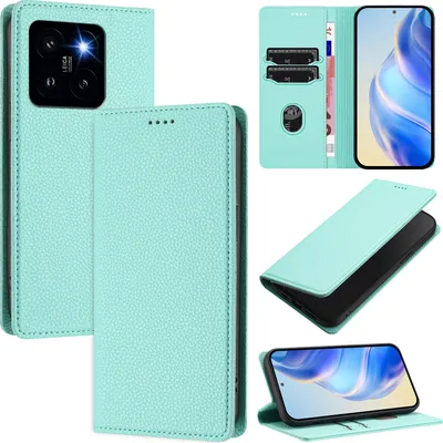 Produktbild von Litchi Leder Handyhülle für Xiaomi 14 Pro/Xiaomi 14 Pro Wallet Kartenfächer Standfunktion Hülle Türkis