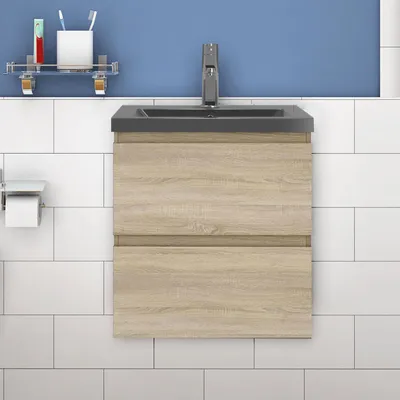 Produktbild von Waschtisch mit Unterschrank 50cm Alast Badmöbel Set Eiche Waschbecken Dunklegrau mit Unterschrank MDF Softclose