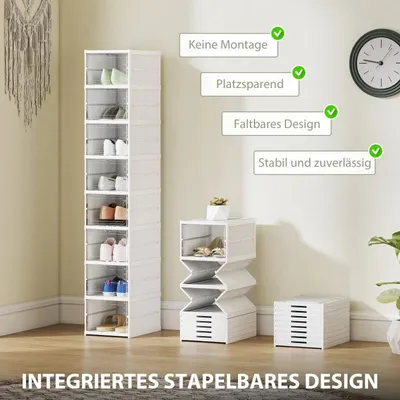Produktbild von Schuhboxen Stapelbare und Faltbar 8 Stück Schuh-Organizer mit Transparenten Türen, Schuhaufbewahrungsboxen für Sneaker bis Größe 43, Installationsfrei