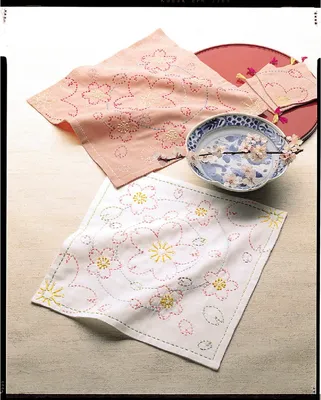 Productafbeelding van Olympus Sashiko set "Hana Fukin Kirschbloesem en rivieroever, 2-delig", bedrukte stof, 31x31 cm, origineel uit Japan
