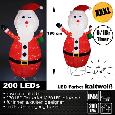Produktbild von XXXL LED Weihnachtsfigur 180 cm Weihnachtsmann Figur beleuchtet Weihnachtsdeko Timer