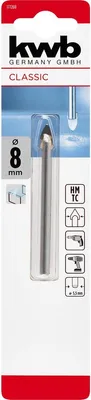 Produktbild von kwb Hartmetall-Glasbohrer, Ø 8 mm (Hartmetallplatte, Zentrierspitze, niedrige Drehzahl, Schneidöl, Rundschaft)
