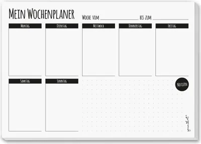 Produktbild von Wochen-Kalender Mein Wochen-Planer schlicht I DIN A5 I Notiz-Block Wochenplan Organizer I zum Abreißen in schwarz weiß I dv347