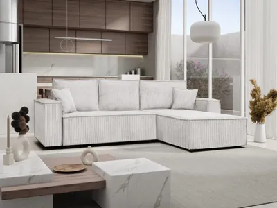 Image de MargaretHadas24 Canapé d'angle Camel en L avec fonction couchage Coffre de rangement Canapé en velours Canapé-lit Canapé d'angle Ottomane universelle 294 cm, Poso 100 - beige