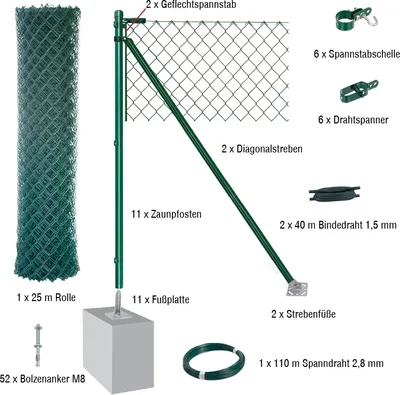 Produktbild von 25 Meter Maschendrahtzaun Komplett-Set Dingo - Farbe: grün, Höhe: 125 cm, Ausführung: mit Fußplatten
