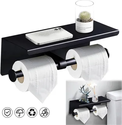 Obrázok produktu pre Nástenný držiak na toaletný papier z nehrdzavejúcej ocele Držiak na toaletný papier s podnosom Držiak na toaletný papier, čierny