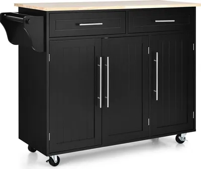 Produktbild von KOMFOTTEU Küchenwagen mit Rollen, Servierwagen mit Handtuchhalter & verstellbaren Ablagen, Kücheninsel gross aus Holz, Küchenschrank Beistellwagen mobile, Schwarz