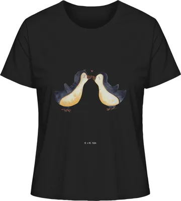 Produktbild von Mr. & Mrs. Panda Baumwoll T-Shirt Damen Pinguine Kuss Größe M - Schwarz - Geschenk, Basic, für Freundin, Oberteil, Shirt, Sommershirt, Hochzeitstag, Frauen, Valentinstag