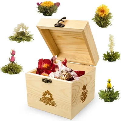 Produktbild von Creano ErblühTee Holz-Dekobox, Teeblumen Mix Geschenkset mit 6 Teerosen, Weißer Tee in edler Teekiste