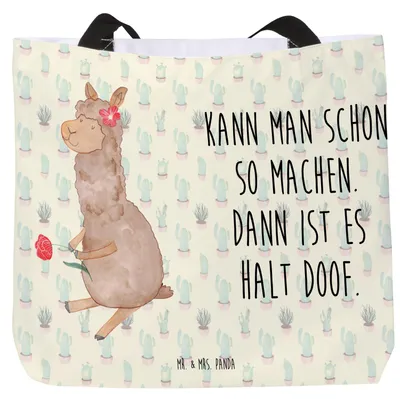 Produktbild von Mr. & Mrs. Panda Reisetasche Alpaka Blume - Kaktus Grün - Geschenk, Lamas, Spruch, Stoffbeutel, Beutel, Lama, Unitasche, Laptoptasche, Tote Bag