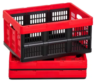 Produktbild von Aufbewahrungsboxen Klappboxen - 3er-Set 32 l - Faltbar - Stapelbar - Mit Griffen - Tragkraft 12 kg je Box - Kunststoff - Rot/Schwarz